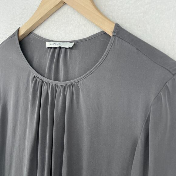 ANDIATA Blouse L Janni Silk Ruched Long Sleeve Stretch Round Neck Matte Gray - Picture 5 of 12